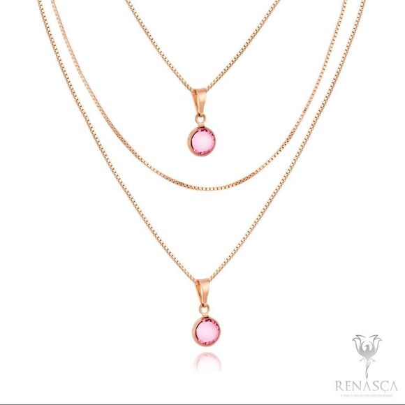 Necklace 3 layers rose gold plated 2 light pink Swarovski crystals box Ipsy bag - Picture 4 of 7